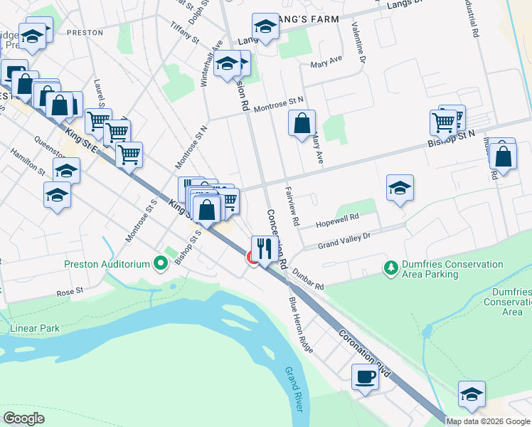 map of restaurants, bars, coffee shops, grocery stores, and more near 1584 Concession Road in Cambridge