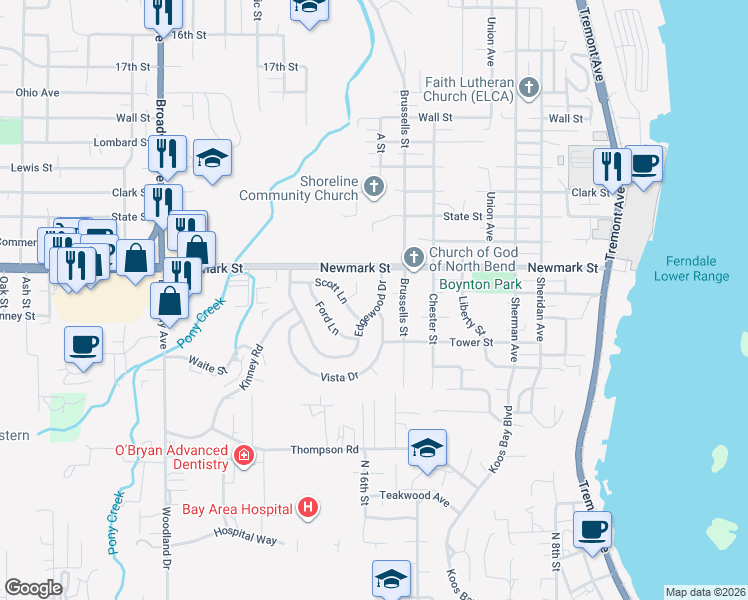 map of restaurants, bars, coffee shops, grocery stores, and more near 3550 Edgewood Drive in North Bend