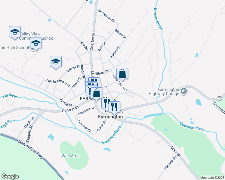 map of restaurants, bars, coffee shops, grocery stores, and more near 32 Mechanic Street in Farmington