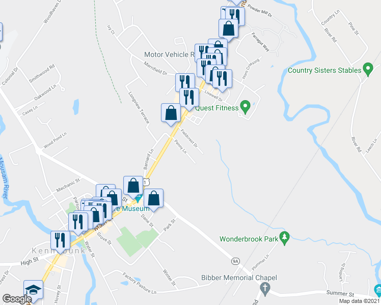 map of restaurants, bars, coffee shops, grocery stores, and more near 8 Penny Lane in Kennebunk