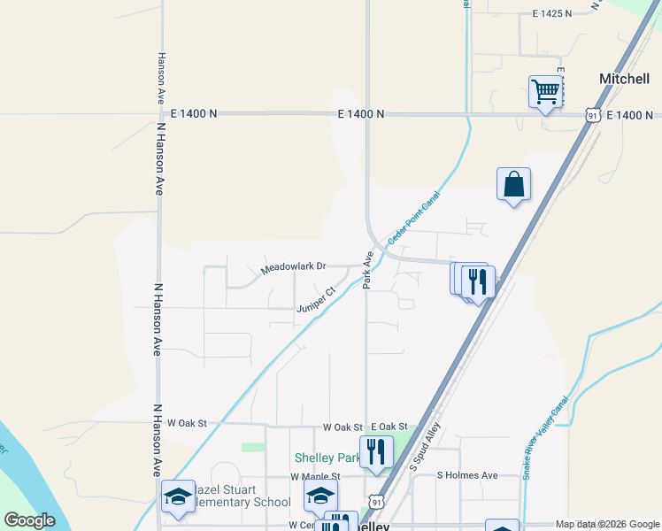 map of restaurants, bars, coffee shops, grocery stores, and more near 145 Meadowlark Dr in Shelley