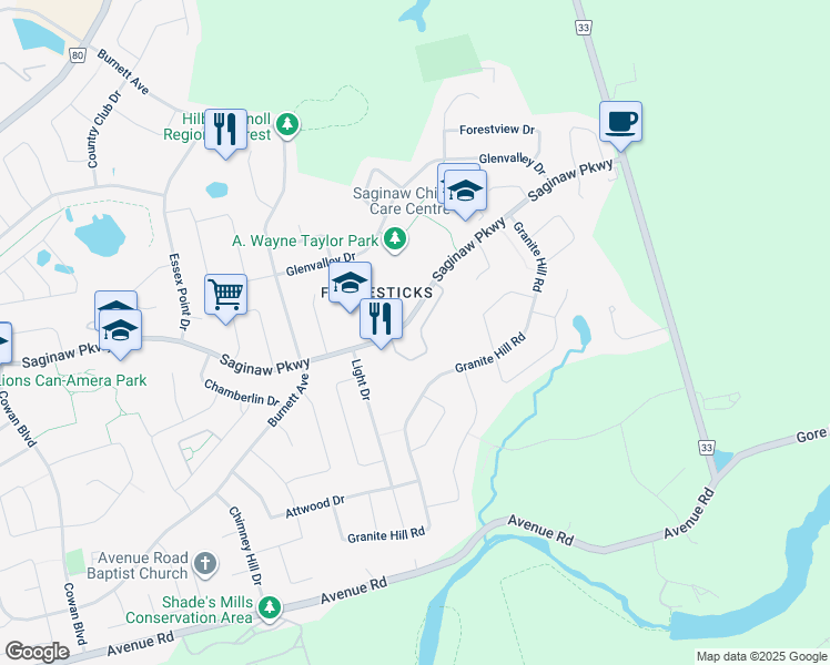 map of restaurants, bars, coffee shops, grocery stores, and more near 635 Saginaw Parkway in Cambridge