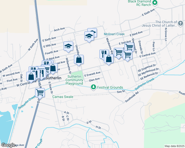 map of restaurants, bars, coffee shops, grocery stores, and more near 470 East Everett Avenue in Sutherlin