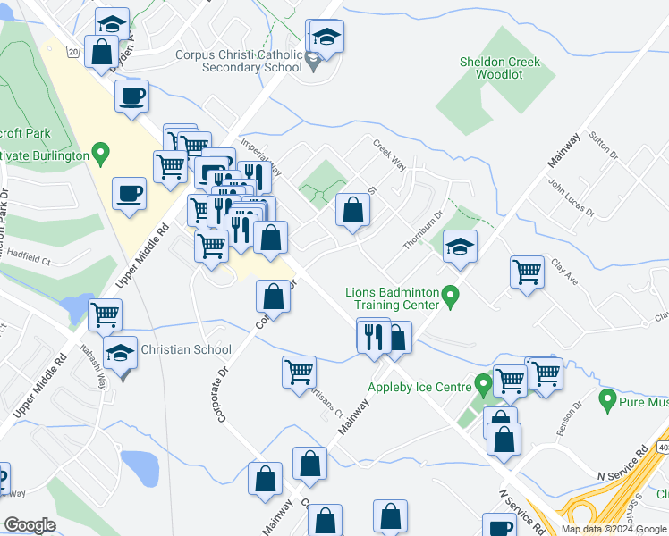 map of restaurants, bars, coffee shops, grocery stores, and more near 5030 Corporate Drive in Burlington