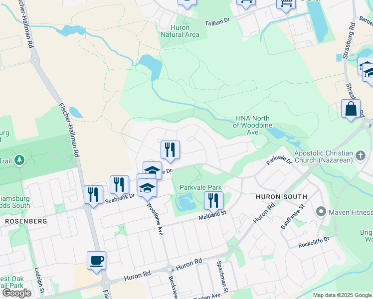 map of restaurants, bars, coffee shops, grocery stores, and more near 61 Sorrento Street in Kitchener