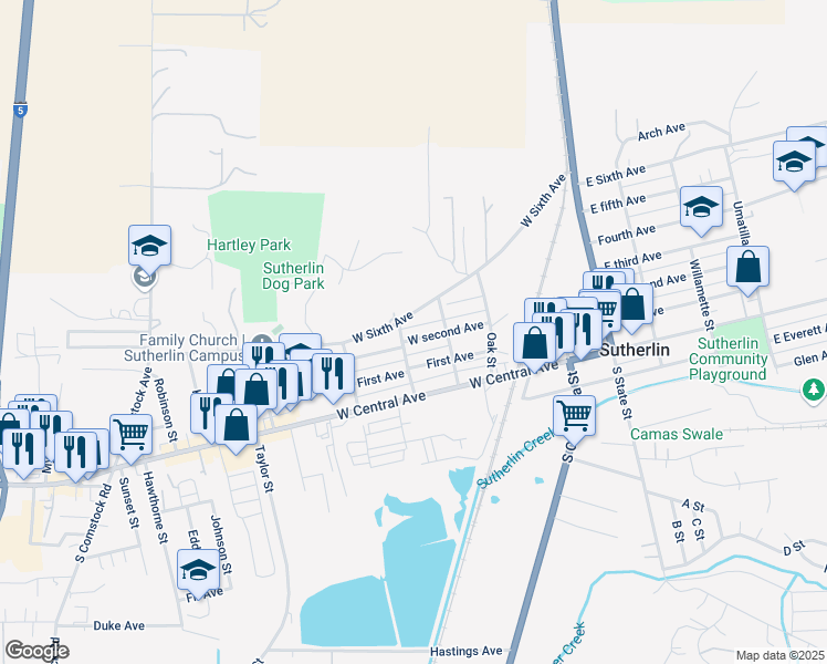 map of restaurants, bars, coffee shops, grocery stores, and more near 525 West 2nd Avenue in Sutherlin