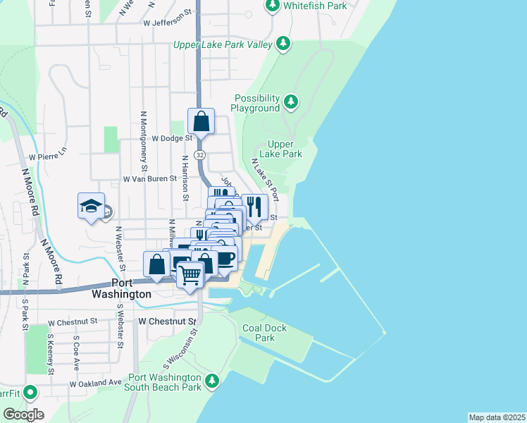 map of restaurants, bars, coffee shops, grocery stores, and more near 314 East Jackson Street in Port Washington