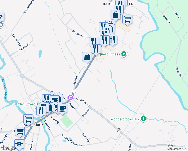 map of restaurants, bars, coffee shops, grocery stores, and more near 2 Penny Lane in Kennebunk