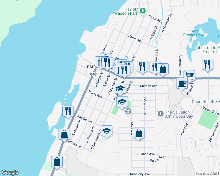 map of restaurants, bars, coffee shops, grocery stores, and more near 206 South Wasson Street in Coos Bay