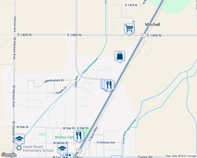 map of restaurants, bars, coffee shops, grocery stores, and more near 224 New Sweden Road in Shelley