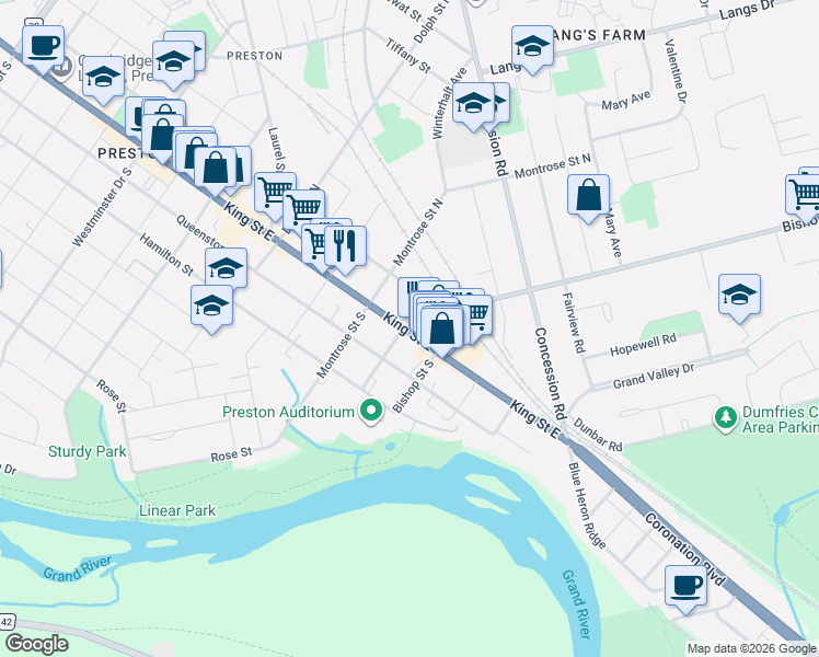 map of restaurants, bars, coffee shops, grocery stores, and more near 1405 King Street East in Cambridge
