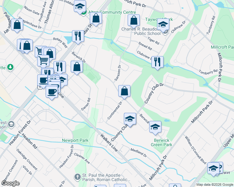 map of restaurants, bars, coffee shops, grocery stores, and more near 2169 Berwick Drive in Burlington