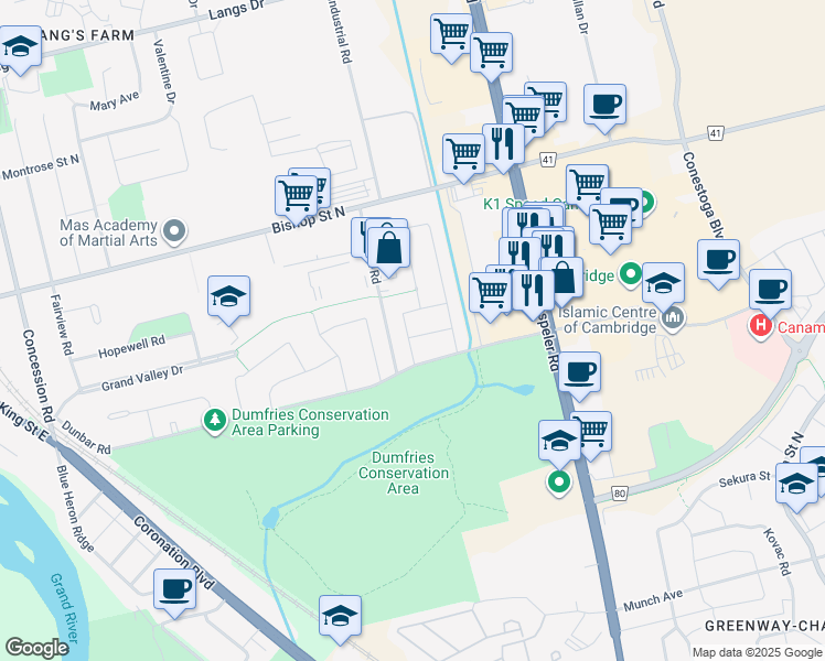 map of restaurants, bars, coffee shops, grocery stores, and more near 1205 Avonlea Road in Cambridge