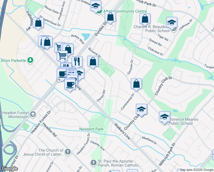 map of restaurants, bars, coffee shops, grocery stores, and more near 2899 Darien Road in Burlington