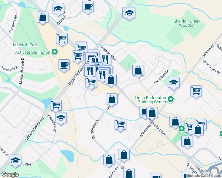 map of restaurants, bars, coffee shops, grocery stores, and more near 1800 Appleby Line in Burlington