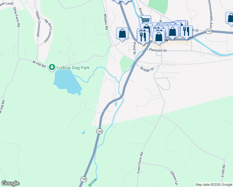 map of restaurants, bars, coffee shops, grocery stores, and more near 1 Parker Avenue in Ludlow