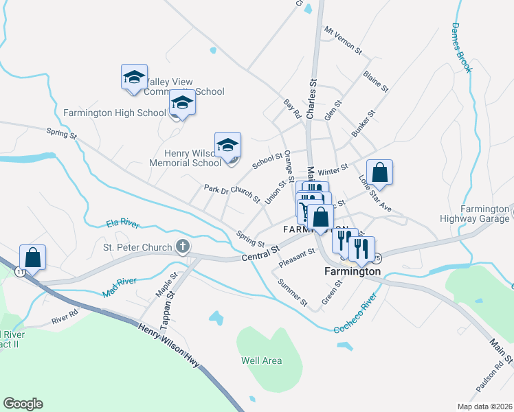 map of restaurants, bars, coffee shops, grocery stores, and more near 29 Union Street in Farmington