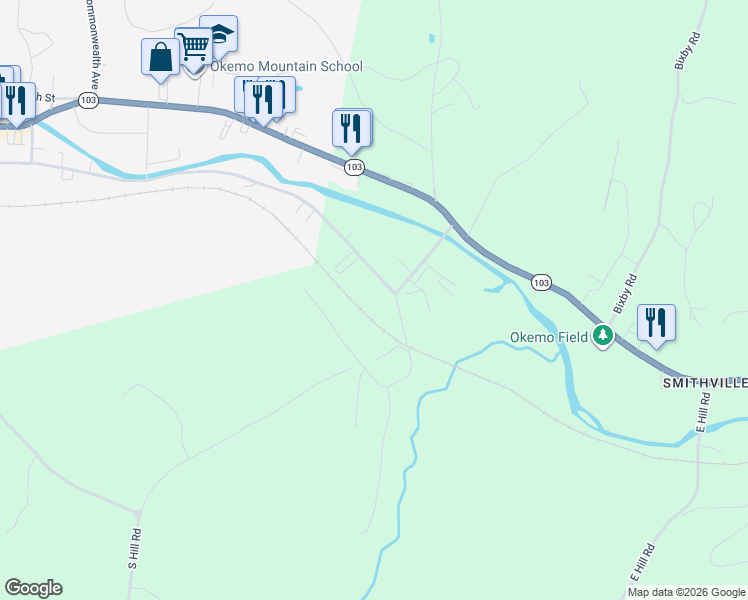 map of restaurants, bars, coffee shops, grocery stores, and more near 6 Soapstone Road in Windsor County