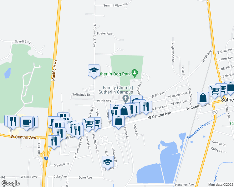 map of restaurants, bars, coffee shops, grocery stores, and more near 461 Willow Creek Lane in Sutherlin
