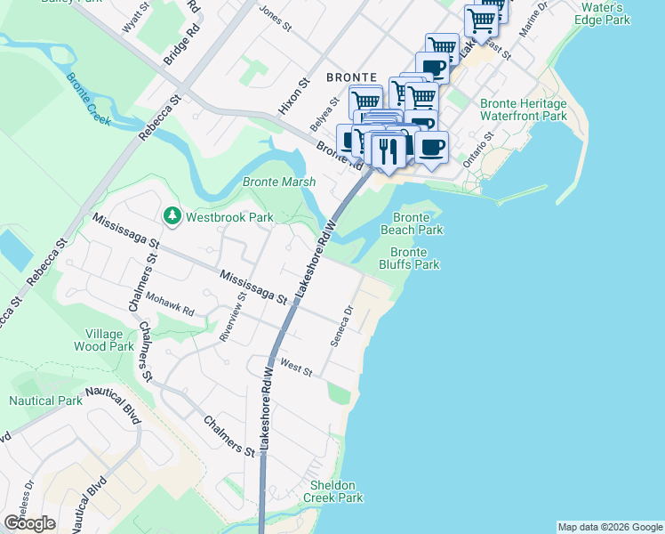 map of restaurants, bars, coffee shops, grocery stores, and more near 78 West River Street in Oakville
