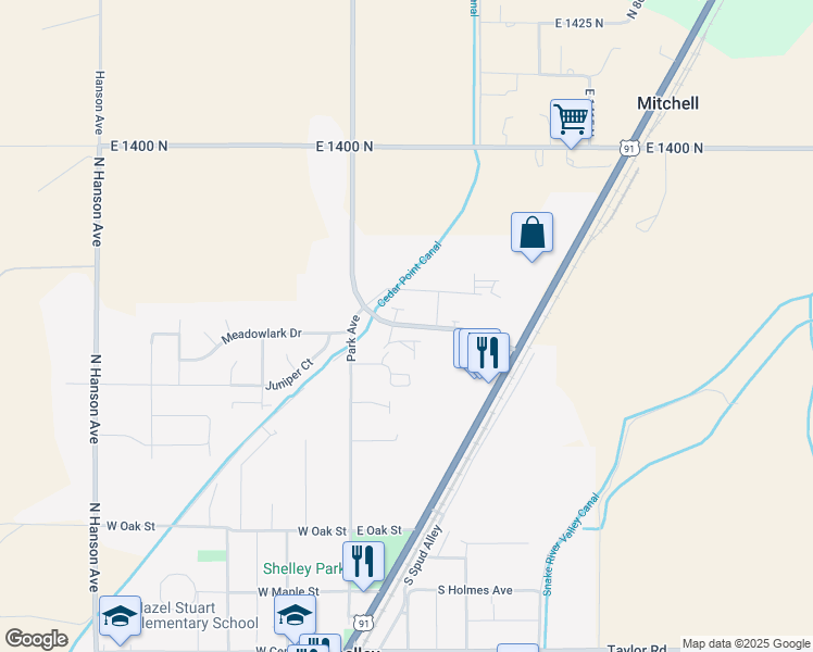 map of restaurants, bars, coffee shops, grocery stores, and more near New Sweden Road in Shelley