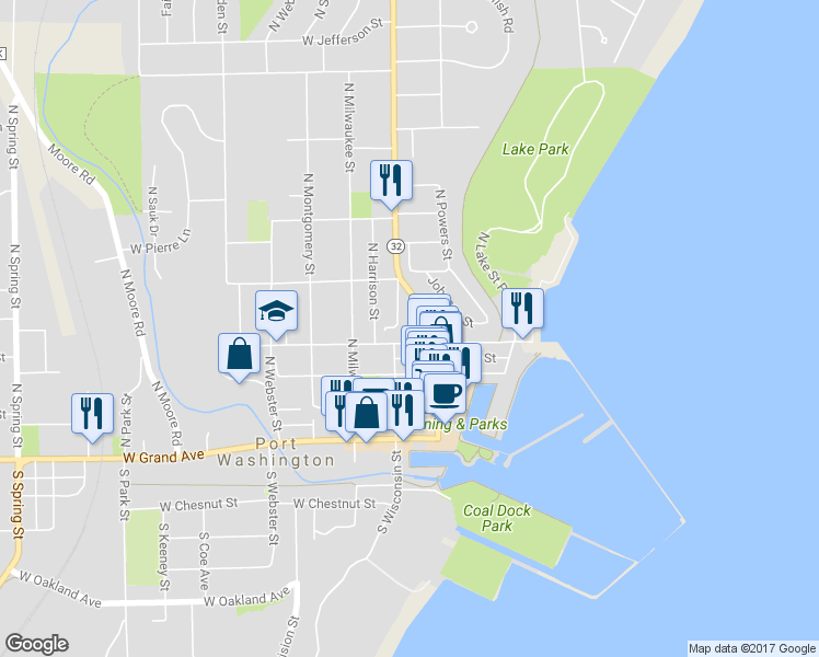 map of restaurants, bars, coffee shops, grocery stores, and more near 406 North Wisconsin Street in Port Washington
