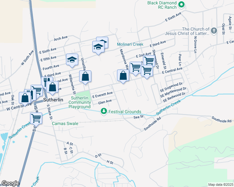 map of restaurants, bars, coffee shops, grocery stores, and more near 586 East Everett Avenue in Sutherlin