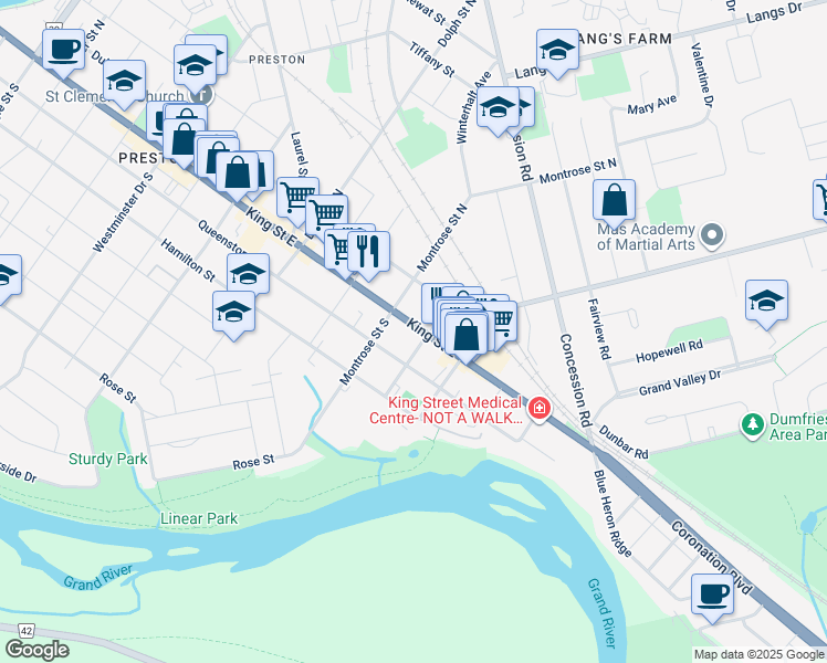 map of restaurants, bars, coffee shops, grocery stores, and more near 1350 Waterloo Regional Road 8 in Cambridge