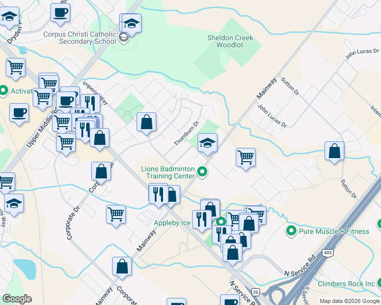 map of restaurants, bars, coffee shops, grocery stores, and more near 5150 Lampman Avenue in Burlington