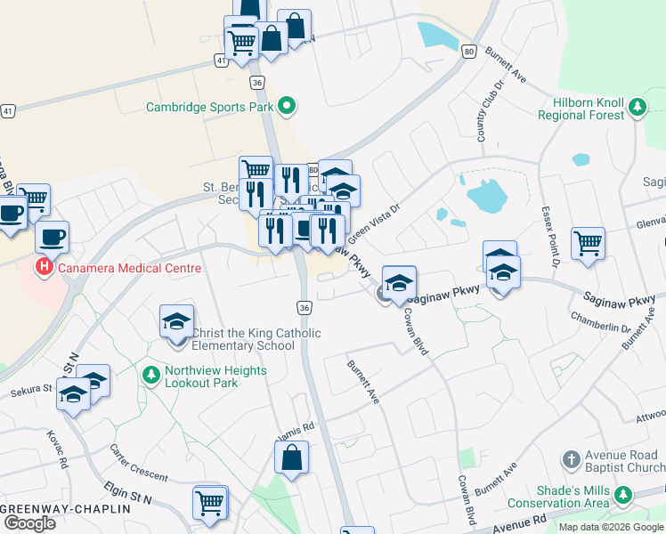 map of restaurants, bars, coffee shops, grocery stores, and more near 199 Saginaw Parkway in Cambridge