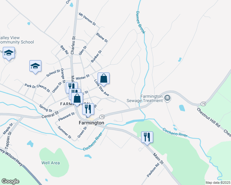 map of restaurants, bars, coffee shops, grocery stores, and more near 52 Lone Star Avenue in Farmington