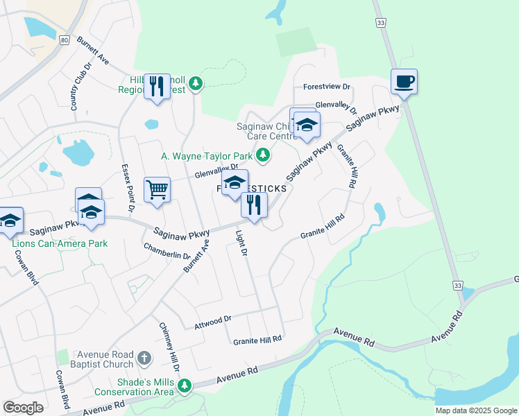 map of restaurants, bars, coffee shops, grocery stores, and more near 635 Saginaw Parkway in Cambridge