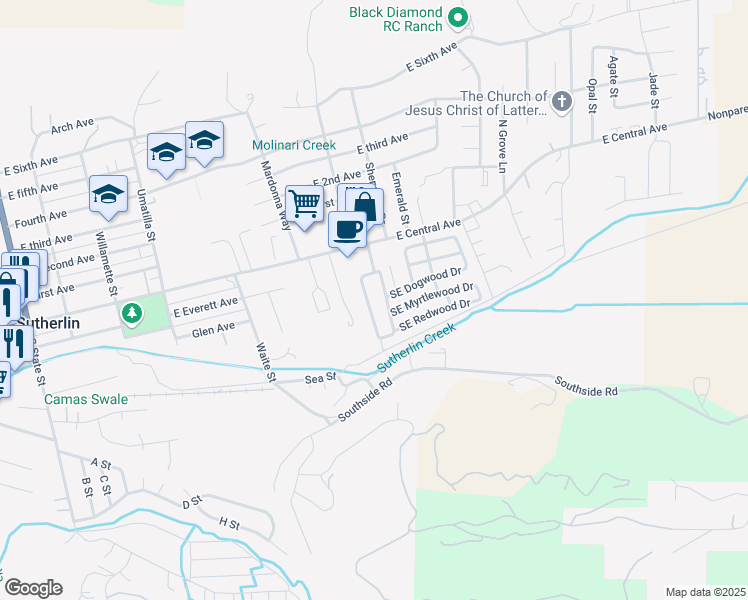 map of restaurants, bars, coffee shops, grocery stores, and more near 1000 East Central Avenue in Sutherlin