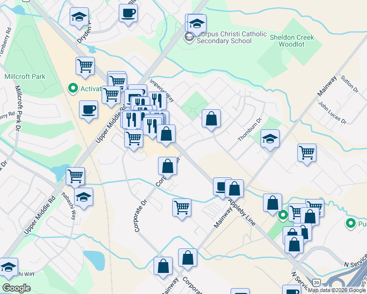 map of restaurants, bars, coffee shops, grocery stores, and more near 5020 Corporate Drive in Burlington