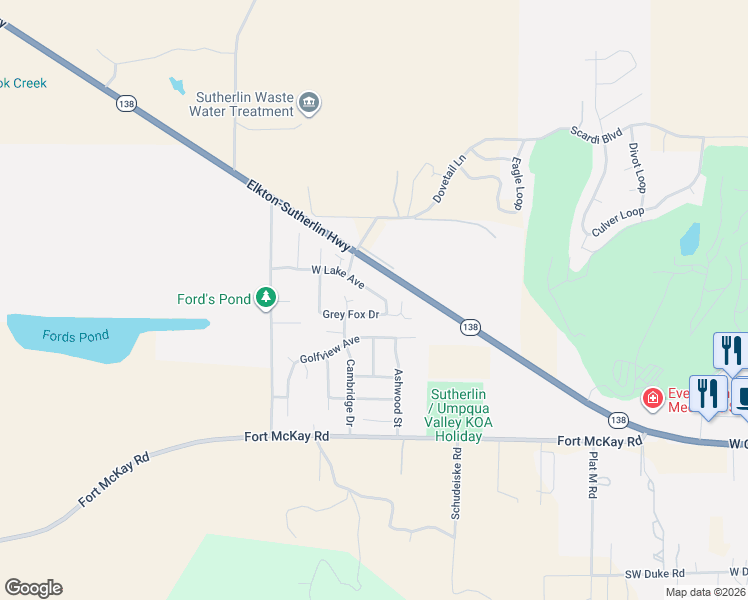 map of restaurants, bars, coffee shops, grocery stores, and more near 2666 West Lake Avenue in Sutherlin
