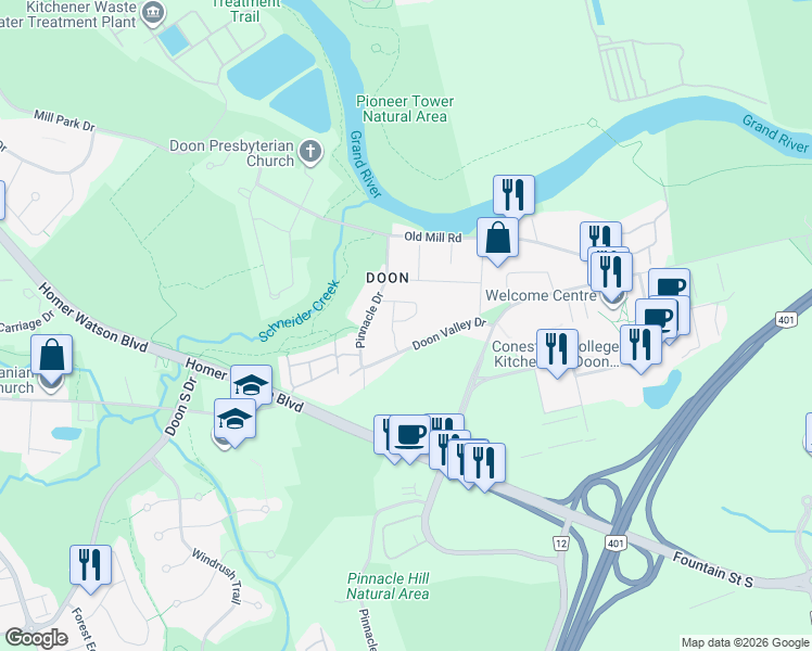 map of restaurants, bars, coffee shops, grocery stores, and more near 50 Pinnacle Drive in Kitchener