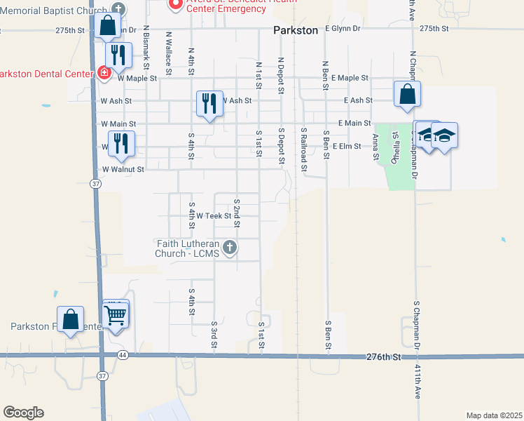 map of restaurants, bars, coffee shops, grocery stores, and more near 408 South 1st Street in Parkston