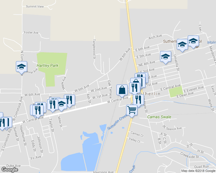 map of restaurants, bars, coffee shops, grocery stores, and more near 412 West 2nd Avenue in Sutherlin