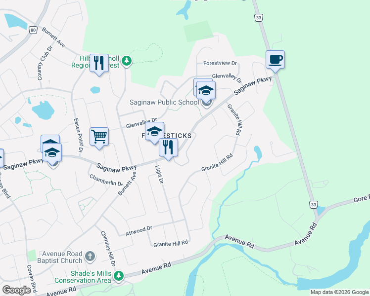 map of restaurants, bars, coffee shops, grocery stores, and more near 635 Saginaw Parkway in Cambridge