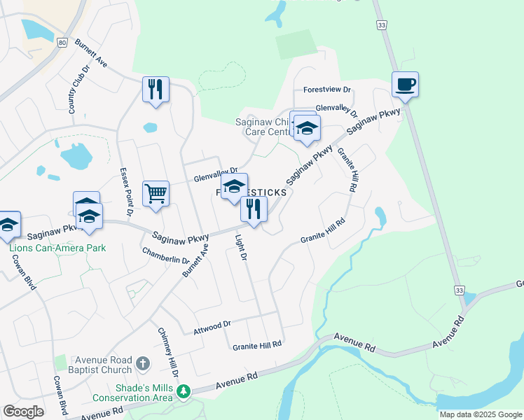 map of restaurants, bars, coffee shops, grocery stores, and more near 650 Saginaw Parkway in Cambridge