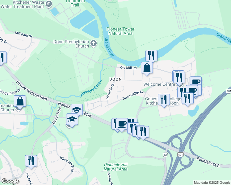 map of restaurants, bars, coffee shops, grocery stores, and more near 50 Pinnacle Drive in Kitchener