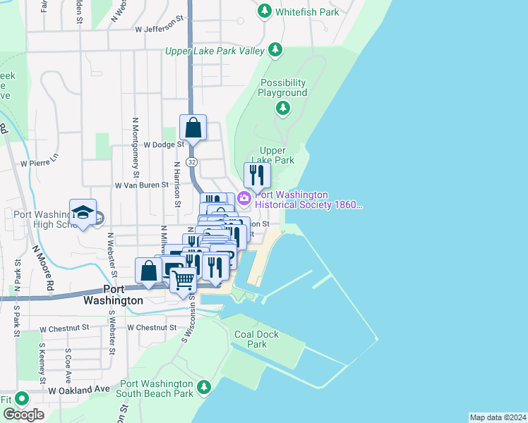 map of restaurants, bars, coffee shops, grocery stores, and more near 314 East Jackson Street in Port Washington