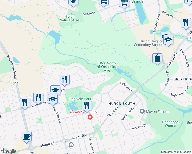 map of restaurants, bars, coffee shops, grocery stores, and more near Brittania Crescent in Kitchener