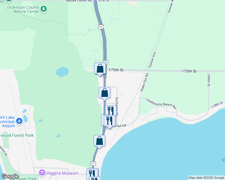 map of restaurants, bars, coffee shops, grocery stores, and more near 1005 East View Avenue in Okoboji