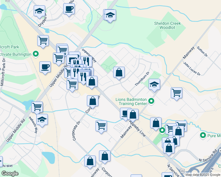 map of restaurants, bars, coffee shops, grocery stores, and more near 5010 Corporate Drive in Burlington