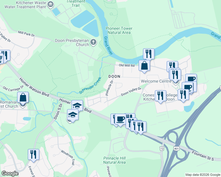 map of restaurants, bars, coffee shops, grocery stores, and more near 78 Pinnacle Drive in Kitchener