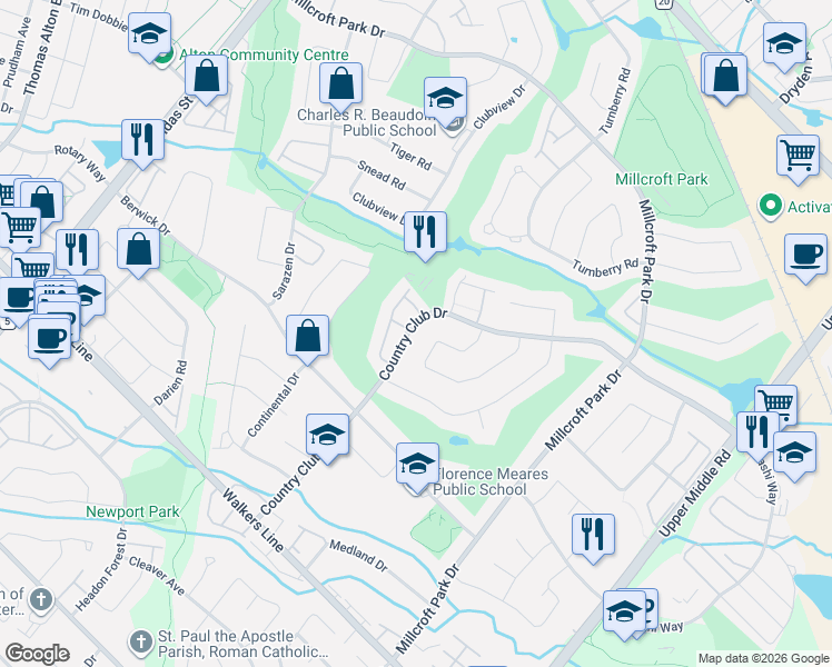 map of restaurants, bars, coffee shops, grocery stores, and more near 2158 Country Club Drive in Burlington