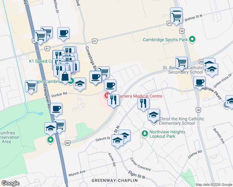 map of restaurants, bars, coffee shops, grocery stores, and more near 4 Lena Crescent in Cambridge