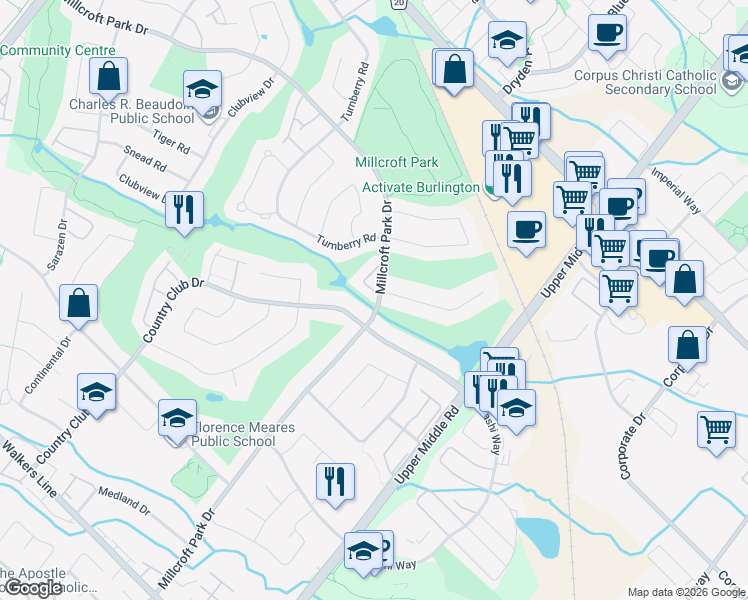 map of restaurants, bars, coffee shops, grocery stores, and more near 4211 Millcroft Park Drive in Burlington