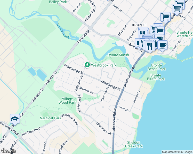 map of restaurants, bars, coffee shops, grocery stores, and more near 204 Sheraton Court in Oakville